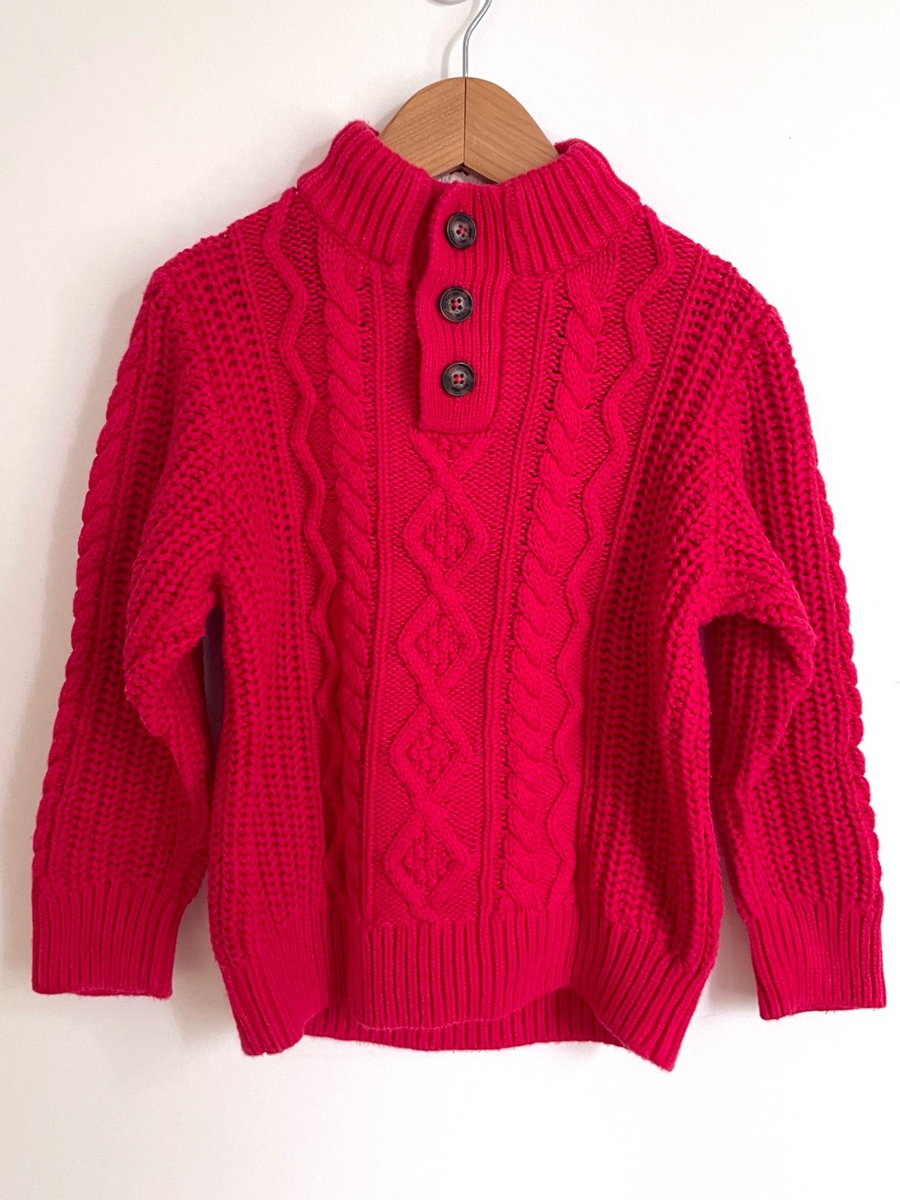 $11 💥Cable Knit Red Christmas Sweater, Henley Mock Neck, Sherpa Collar, Cotton - Picture 3 of 9
